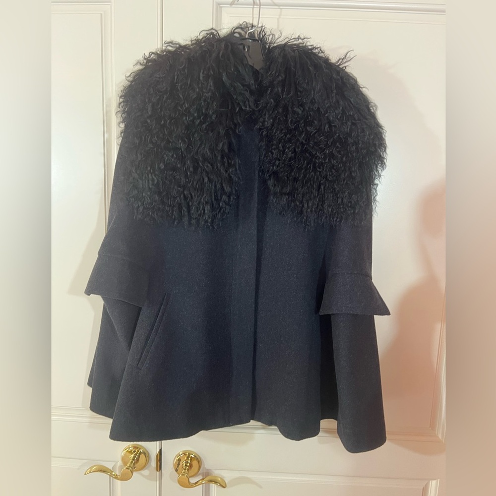 Rachel Roy Black Label vintage cape jacket with removable Mongolian fur